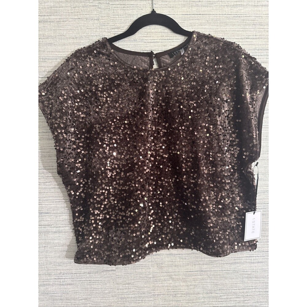 1. State Espresso Brown Sequins Velvet Cropped Top Medium